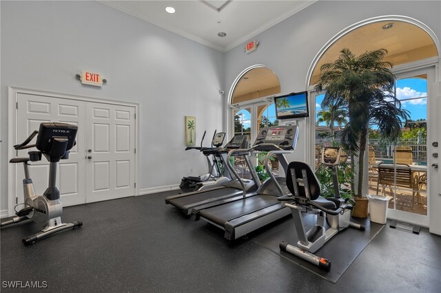 exercise room with ornamental molding and a high ceiling