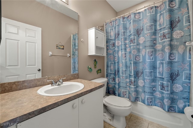 full bathroom with tile patterned flooring, vanity, toilet, and shower / bathtub combination with curtain