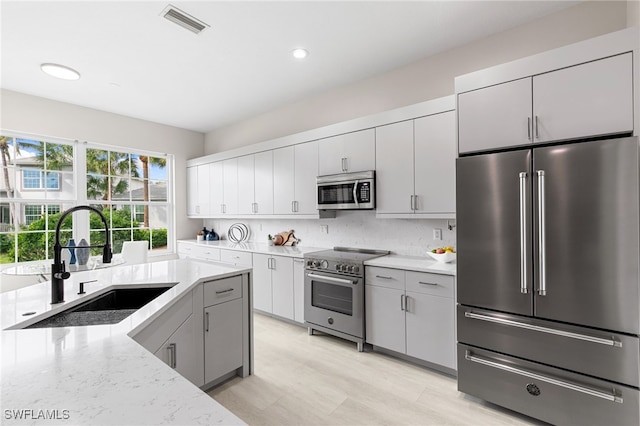 kitchen featuring decorative backsplash, light stone counters, sink, gray cabinets, and stainless steel appliances