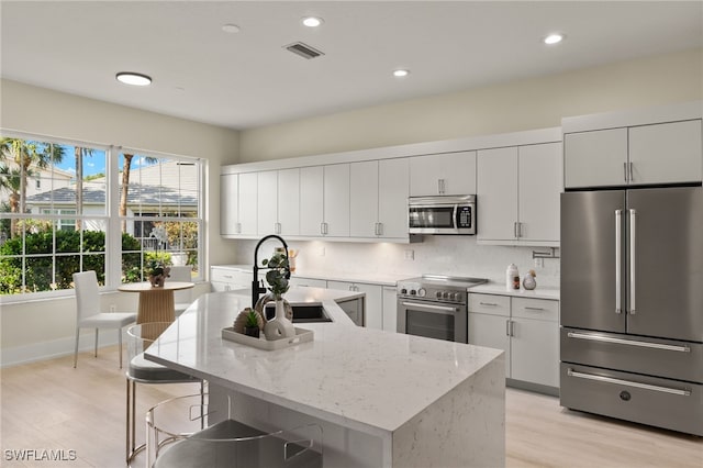 kitchen featuring sink, high quality appliances, tasteful backsplash, an island with sink, and white cabinets