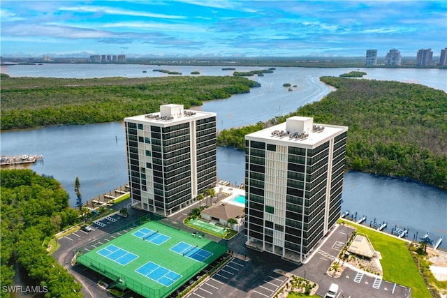 aerial view featuring a water view