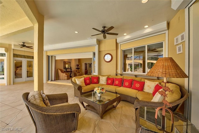 living room with recessed lighting and ceiling fan