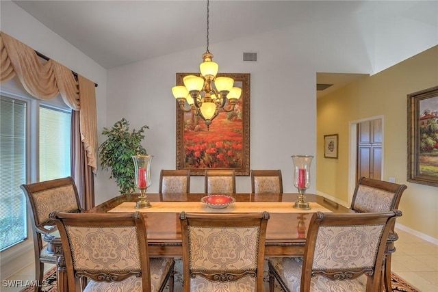 dining room with baseboards, visible vents, lofted ceiling, tile patterned floors, and a chandelier