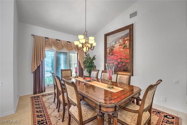 dining space with visible vents, baseboards, vaulted ceiling, light tile patterned floors, and an inviting chandelier