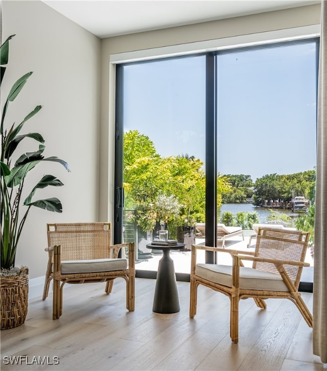 living area featuring light hardwood / wood-style floors and a water view