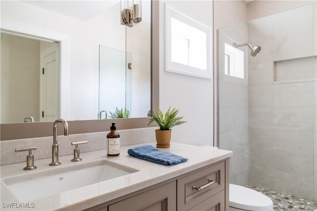 bathroom with vanity, a tile shower, and toilet