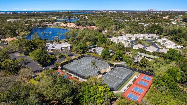 bird's eye view with a water view