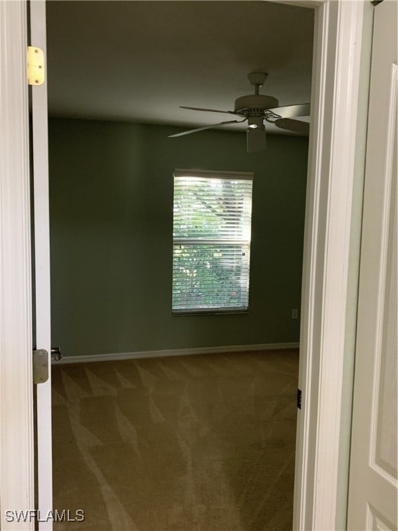 unfurnished room with ceiling fan and carpet