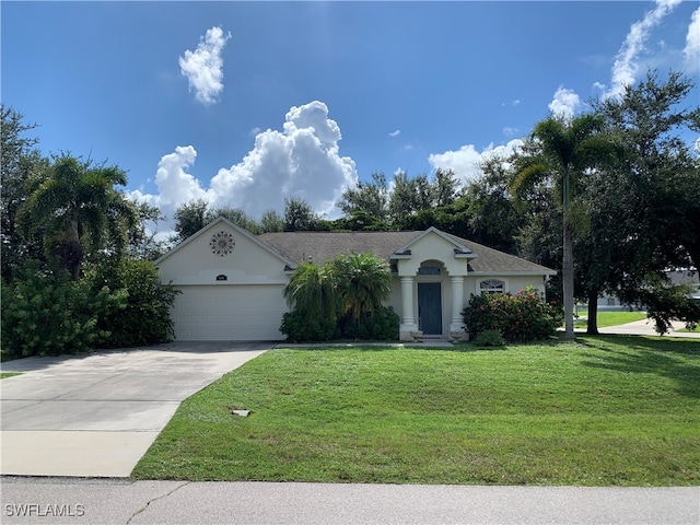 ranch-style home with a garage and a front lawn