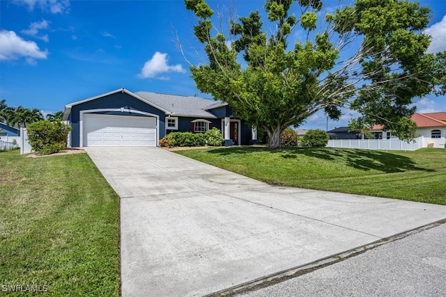 ranch-style house with a garage and a front yard