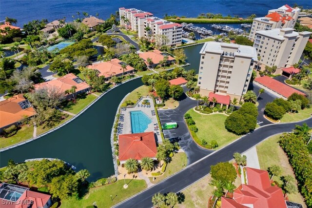 drone / aerial view with a water view