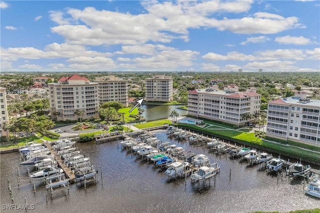 drone / aerial view with a water view