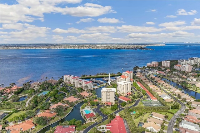 bird's eye view with a water view