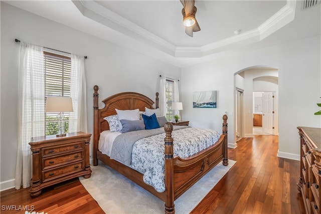 bedroom featuring multiple windows, ceiling fan, dark wood-type flooring, and ensuite bath