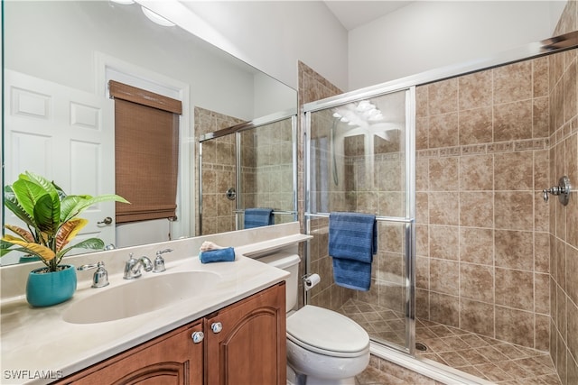 bathroom featuring vanity, toilet, and an enclosed shower