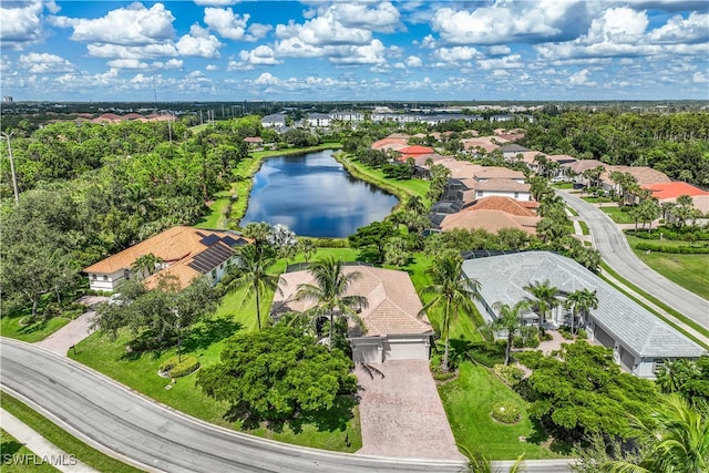 drone / aerial view featuring a water view