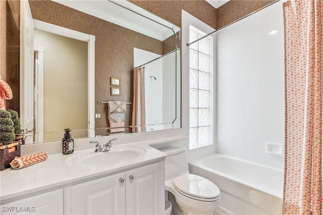 full bathroom with vanity, toilet, shower / bathtub combination with curtain, and crown molding