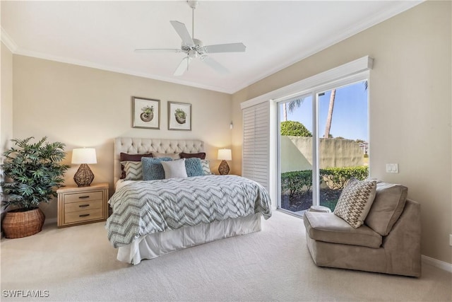 bedroom featuring access to outside, ceiling fan, crown molding, and carpet floors