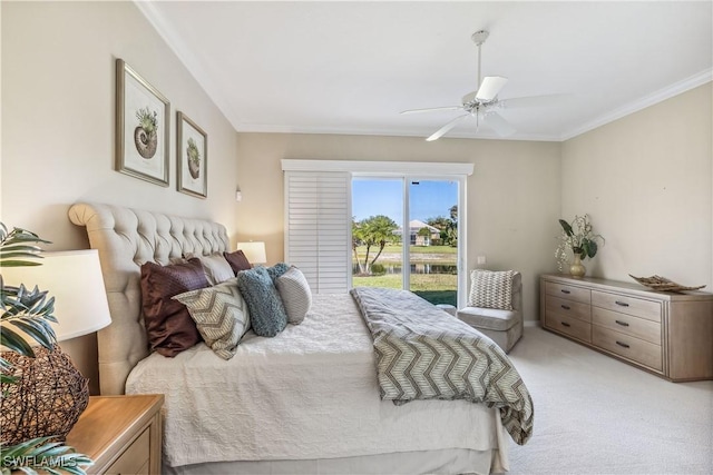 bedroom featuring light carpet, access to outside, ceiling fan, and ornamental molding