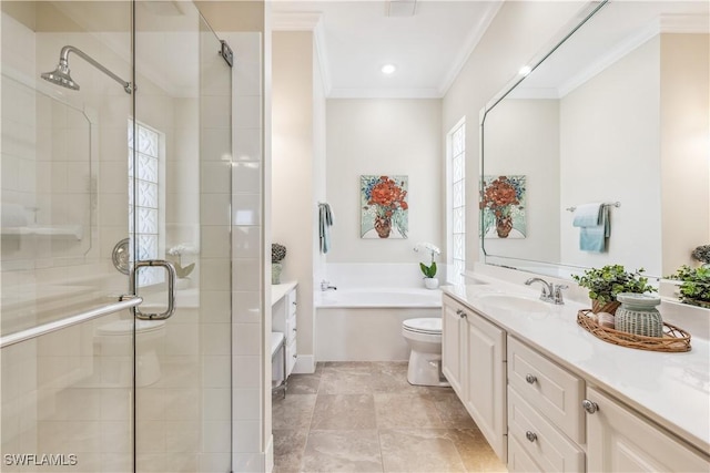 full bathroom featuring toilet, vanity, separate shower and tub, and crown molding