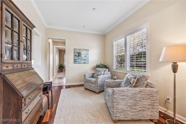 living area with crown molding and dark wood-type flooring