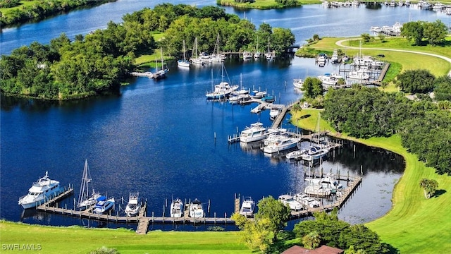 birds eye view of property featuring a water view