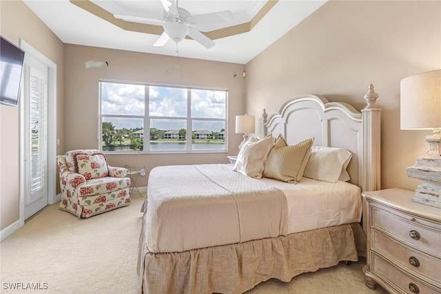 bedroom featuring access to outside, light colored carpet, baseboards, and ceiling fan