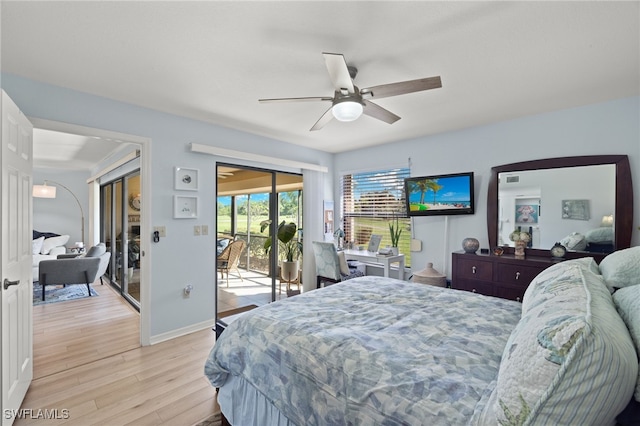 bedroom featuring ceiling fan, light wood-type flooring, and access to outside