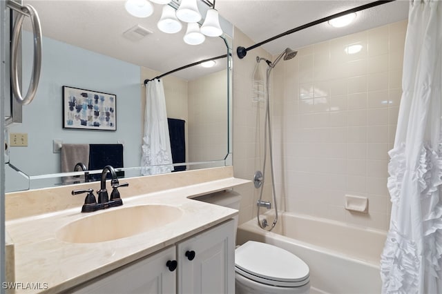 full bathroom featuring a textured ceiling, vanity, toilet, and shower / bathtub combination with curtain