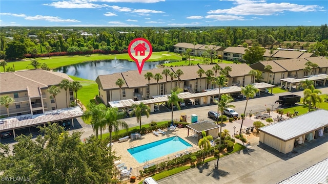 drone / aerial view featuring a water view