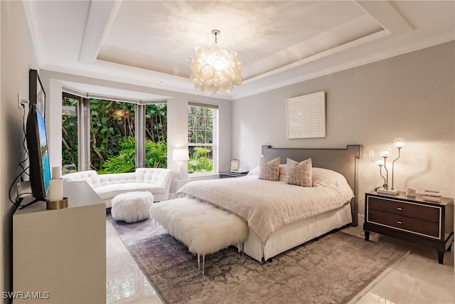 bedroom featuring a chandelier, a raised ceiling, and ornamental molding