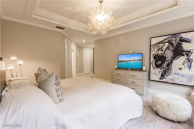 bedroom with ornamental molding, a notable chandelier, and a tray ceiling