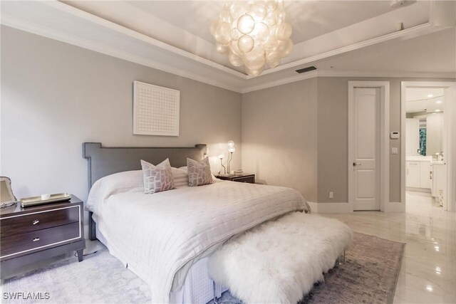 bedroom with crown molding, ensuite bath, and an inviting chandelier