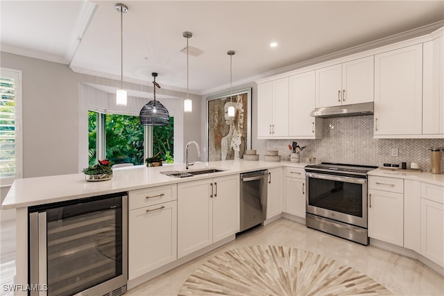 kitchen with beverage cooler, stainless steel appliances, sink, kitchen peninsula, and white cabinets