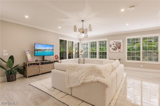 living area with baseboards, ornamental molding, an inviting chandelier, and recessed lighting