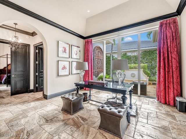 home office with crown molding and a chandelier