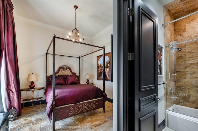 18281 Via Caprini Dr, Miromar Lakes, FL 33913 - bedroom with a chandelier, crown molding, and stone finish floors