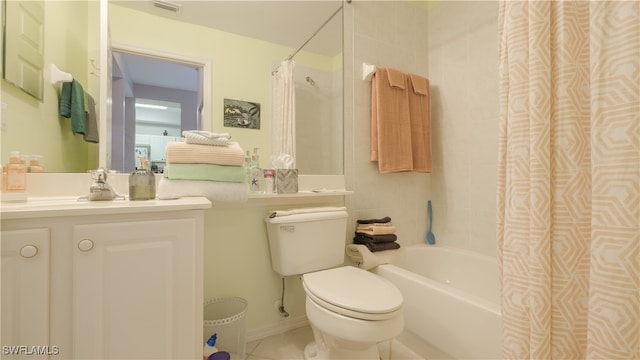 full bathroom with vanity, toilet, tile patterned floors, and shower / bathtub combination with curtain