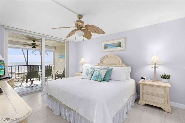 bedroom featuring access to outside and ceiling fan