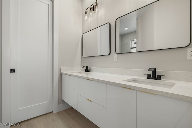 bathroom with vanity and wood-type flooring