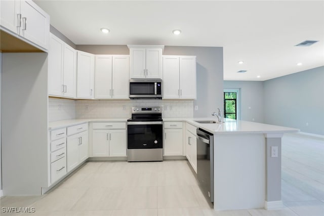 kitchen featuring backsplash, sink, kitchen peninsula, white cabinetry, and stainless steel appliances