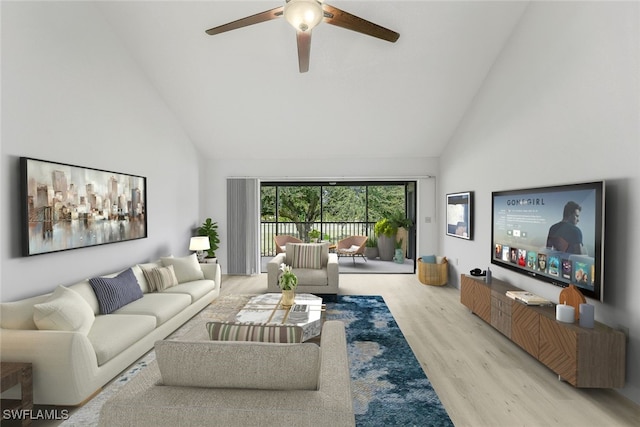 living room with light wood-type flooring, high vaulted ceiling, and a ceiling fan