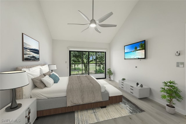 bedroom with access to exterior, light wood-style floors, high vaulted ceiling, and a ceiling fan