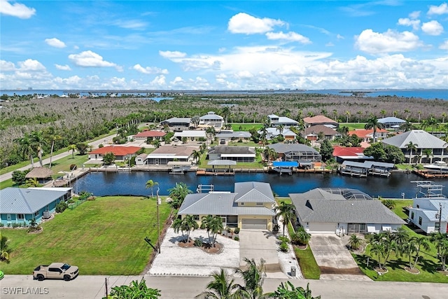 bird's eye view with a water view