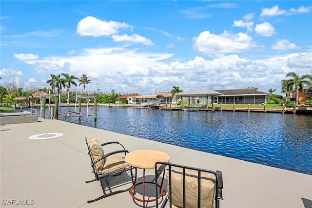 view of pool with a boat dock and a water view