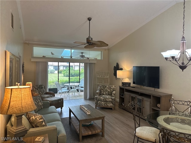 living room featuring high vaulted ceiling, hardwood / wood-style floors, ceiling fan with notable chandelier, and crown molding