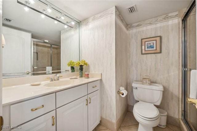 full bath with tile patterned floors, visible vents, and a shower stall