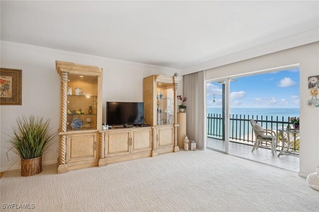 carpeted living room with crown molding