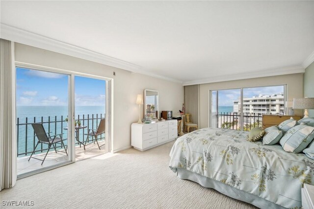 bedroom with access to exterior, light carpet, crown molding, and a water view