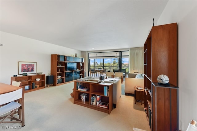 living room featuring a wall of windows and light colored carpet